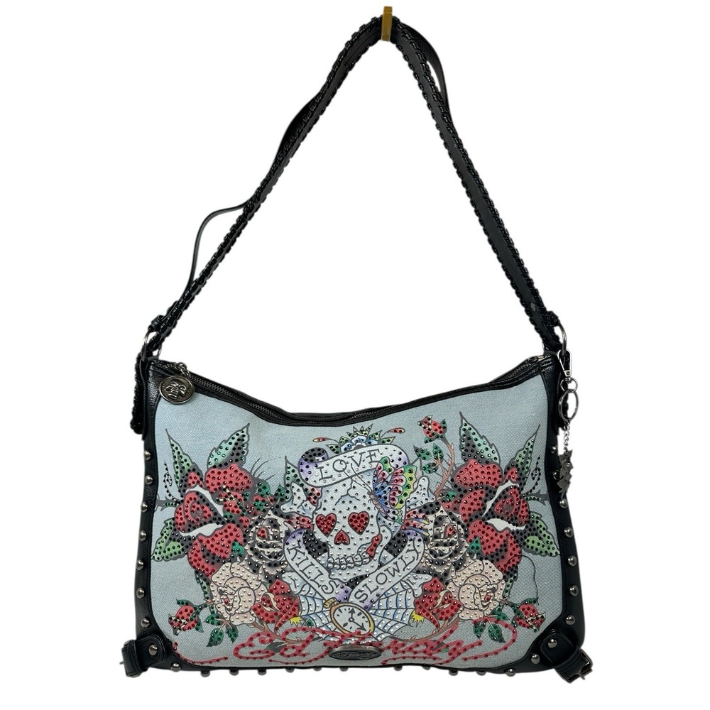 Ed Hardy Skull Roses‎ Denim Shoulder Bag Rhinestone Studded Black Leather